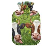 Funny Cow Faces Green Hot Water Bottles with Velvet Cover Hot Water Bag for Menstrual Cramps Small