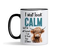 Funny Cow - “I May Look Calm But in My Head I’ve K*illed You 3 Times” - Animal Humor Gifts for Friends, Cow Lovers, Men, Women,Coloured Rim Mug, Coffee, Tea Mug. (Black Rim)