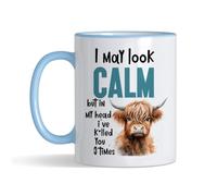 Funny Cow - “I May Look Calm But in My Head I’ve K*illed You 3 Times” - Animal Humor Gifts for Friends, Cow Lovers, Men, Women,Coloured Rim Mug, Coffee, Tea Mug. (Blue Rim)