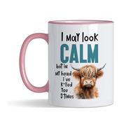 Funny Cow - “I May Look Calm But in My Head I’ve K*illed You 3 Times” - Animal Humor Gifts for Friends, Cow Lovers, Men, Women,Coloured Rim Mug, Coffee, Tea Mug. (Pink Rim)