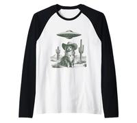 Funny Cowboy Dog UFO Desert Scene Alien Canine Western Raglan Baseball Tee