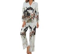 Funny Cows Painting Soft Pajama Set for Women Lapel Button Down Long Sleeve Pj Sleepwear Loungewear 2 Piece