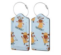 Funny Cows Skiing,Luggage Tags Pu Leather Name Tag Travel Suitcase Identifier ID Tags Durable Luggage Label 2 pcs