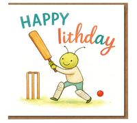 Funny Cricket Birthday Card - Cute Alien Cricketer Illustration with Bat, Stumps and Red Ball - 'HAPPY lithday' Pun Design for Cricket Fans, Kids or Adults