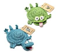 Funny Crochet Lizard Coaster, Handmade Animal Mug Rug Coaster, Cute 3D Amigurumi Drink Mat for Coffee Table Desk Home Decor Housewarming Gift (Blue+Green)
