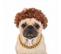 Funny Curly Cat Wigs and Chain Collar Set Adjustable Brown Pets Wig Costume Set for Festival Halloween Christmas 2PCS