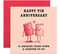 Funny Cute 10th Anniversary Card, Unique Design, 'Happy Tin Anniversary' 10 years down, Blank Inside with Envelope