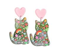 Funny Cute Acrylic Polka Dot Flower Printed Cat Earrings Handmade Resin Transparent Cartoon Cat Pets Animals Dangle Earrings for Women Cat Lovers Jewelry Gifts, Acrylic, No Gemstone
