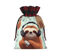 funny Cute Animal Sloth Music Christmas Gift Bags with Tags & Ribbon Ties, Buffalo Plaid Santa Sack Xmas Treat Pouch Party Favor Bags Drawstring Christmas Sacks for Holiday Presents Storage Small
