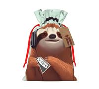 funny Cute Animal Sloth Music Christmas Gift Bags with Tags & Ribbon Ties, Personalized Santa Sack Xmas Treat Pouch Party Favor Bags Drawstring Christmas Sacks for Holiday Presents Storage Medium