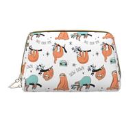 Funny Cute Animal Sloth Music Leather Hand-Held Zipper Makeup Bag Pen Case Stationery Box Lipstick Pouch Toiletry Bag
