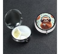 Funny Cute Animal Sloth Music Pill Box with Mirror 3 Compartment Decorative Pill Case for Purse or Pocket Small Round Pill Organizer Weekly Metal Medicine Tablet Vitamin Holder Travel Gift