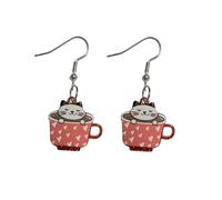 Funny Cute Cartoon Cat Dangle Drop Earrings Creative Kawaii Acrylic Floral Teacup Cat Print Earrings for Women Aesthetic Party Jewelry Animals Lover Gifts, Acrylic, No Gemstone
