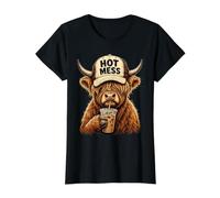 Funny Cute Coffee Lovers Hot Highland Cow Mess Comic Style Value Graphic T-Shirt, Women, Black, L