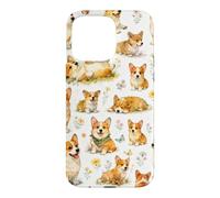 Funny Cute Corgi Happy Kawaii Dogs And Floral Pattern Case for iPhone 15 Pro Max