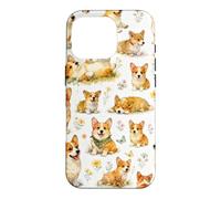 Funny Cute Corgi Happy Kawaii Dogs And Floral Pattern Case for iPhone 16 Pro