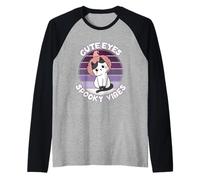 Funny Cute Eyes Spooky Vibes Kawaii Cat Halloween Costume Raglan Baseball Tee