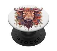 Funny Cute Floral Hairy Scottish Highland Cow Farmers PopSockets Swappable PopGrip