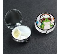 Funny Cute Frog with Headphone Pill Box 3 Compartment Waterproof Pill Container with Mirror Metal Medicine Box Organizer Portable Vitamin Case for Pocket & Purse Travel - Round