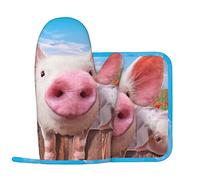 Funny Cute Pig Oven Gloves and Pot Holder Set for Kitchen Cooking and Baking and Microwave Oven, Silicone Anti-Hot Gloves + Anti-Hot Pad (Left Hand Glove)
