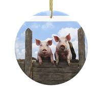 Funny Cute Pigs Printed Christmas Ceramic Circular Pendant Is An Excellent Addition To Your Holiday Decoration
