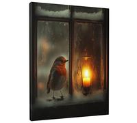 Funny Cute Robins Canvas Prints Wall Art 16 * 20 x1, Winter Snow Candle Lamp Wall Art for Living Room Bathroom, Big Small Vertical Bird Decorative Bedroom Women Men