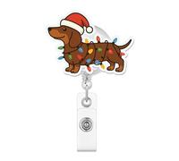 Funny Dachshund Christmas Badge Reel - Cute Dog Wrapped in Holiday Lights Retractable ID Holder for Nurse, Staff and Animal Lovers