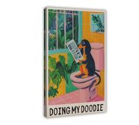 Funny Dachshund Reading A Newspaper on The Toilet Canvas Poster Bedroom Decor Landscape Office Room Decor Gift 20x30inch(50x75cm)