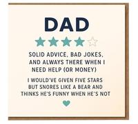 Funny Dad Birthday Card - 4-Star Review Design, Solid Advice, Bad Jokes, Snoring Like a Bear - Cheeky Card for Dad from Son or Daughter