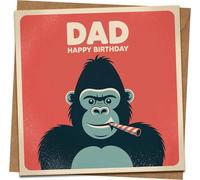 Funny Dad Birthday Card - Gorilla Design “Dad Happy Birthday” - 145mm x 145mm Square Greeting Card with Kraft Envelope - For Father, Husband, Stepdad, Grandad