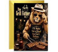 Funny Dad Birthday Card - The Grill Father BBQ Lion Design - A5 Size with Gold Envelope. UK Made