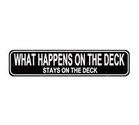 Funny Deck Metal Sign - What Happens on the Deck Stays Rustic Outdoor Wall Decor for Patio, Backyard & Porch 16x4 Inch