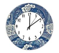 Funny Decorative Wooden Wall Clock 12",Chinese Style Chinoiserie Blue And White Porcelain Floral Silent Non-Ticking Battery Operated Wood Hanging Clock for Home Decor Wall Art Housewarming Gifts