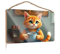 Funny Desk Live Signs A Cute Cat In Overalls Holding A Cup Of Tea. Rustic Kitchen Decor And Accessories Fall Signs Fo(23X35CM)