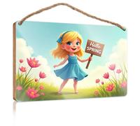 Funny Desk Live Signs A Girl In A Blue Dress Holding A "Hello Spring" Rustic Kitchen Decor And Accessories Fall Signs Fo(23X35CM)