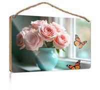 Funny Desk Live Signs Pink Roses In A Blue Vase With Butterflies. Rustic Kitchen Decor And Accessories Fall Signs Fo(15X28CM)