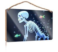 Funny Desk Live Signs Skeleton and Goldfish Wooden Sign Pool Decorations Outdoor Cool Stuff for Your Room(23X35CM)