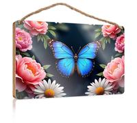 Funny Desk Signs Blue Butterfly Among Pink Flowers Wooden Sign Spring Decor Front Decorative Wooden Sign(15X28CM)