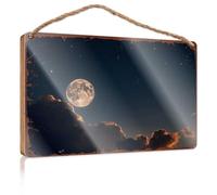 Funny Desk Signs Full Moon Rising: A Serene Night Sky With Clouds And Stars Wooded Sign No Solociting Signs Vintage Bathroom Sign(23X35CM)