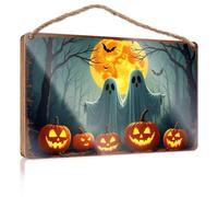 Funny Desk Signs Halloween Ghosts And Pumpkins Under A Full Moon Wooded Sign No Solociting Signs Vintage Bathroom Sign(15X28CM)