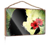 Funny Desk Signs Silhouette Of Woman Holding Red Hibiscus Flowers Against Tropical Wooded Sign No Solociting Signs Vintage Bathroom Sign(20X30CM)