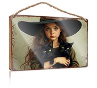 Funny Desk Signs Whimsical Witch: A Girl With Black Cats In A Vintage Hat Wooded Sign No Solociting Signs Vintage Bathroom Sign(15X28CM)
