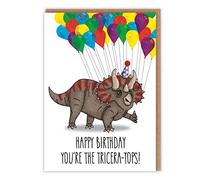 Funny Dinosaur Birthday Card - Triceratops Holding Balloons - Cute Birthday Card for Her, Him, Children, and Adults