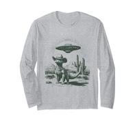Funny Dinosaur Cowboy Hat UFO Alien Desert Cactus Scene Long Sleeve T-Shirt