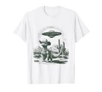 Funny Dinosaur Cowboy Hat UFO Alien Desert Cactus Scene T-Shirt