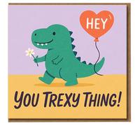Funny Dinosaur 'You Trexy Thing' Love Card - Cute T-Rex with Heart Balloon and Flower - Romantic Pun for Anniversary, Valentine’s Day or Just Because - Greeting Card