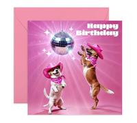 Funny Disco Birthday Card - Dancing Cowboy Dogs in Pink Hats - Cute & Humorous Greeting Card for Her, Him, Friends, Besties, BFF, Dog Lovers, Fur Mums, Colleagues, Girls - Comes with Fun Stickers