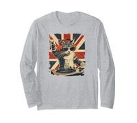 Funny DJ Cat Disco Sound Tech Headphone Music UK Flag Long Sleeve T-Shirt