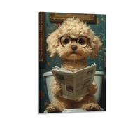 Funny Dog Bathroom Wall Art Canvas Cute Poodle Reading Newspaper on Toilet with Glasses Quirky Animal Humor Poster Toilet Room Guest Bathroom Room Decor Canvas Print Gift Idea Gift 08x12inch Frame
