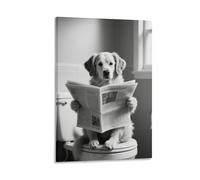 Funny Dog bathroom Wall Art Golden Retriever Reading Newspaper on Toilet Abstract Black And White Animal Bathroom Poster Canvas Print Bedroom Bathroom Living Room Decor Gift 08x12inch Frame
